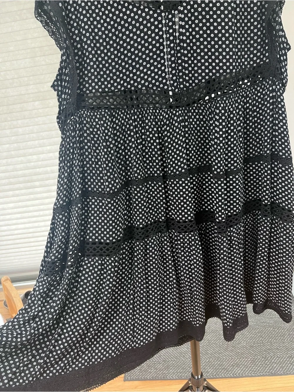 Free People Black & White Floral Lace Trim Tiered Mini Dress - Picture 3 of 7